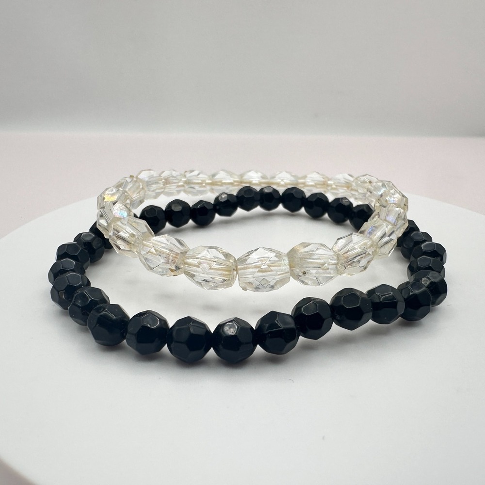 Vintage 90s Black & Clear Beaded Faceted Glass Stretch Bracelets Set Retro